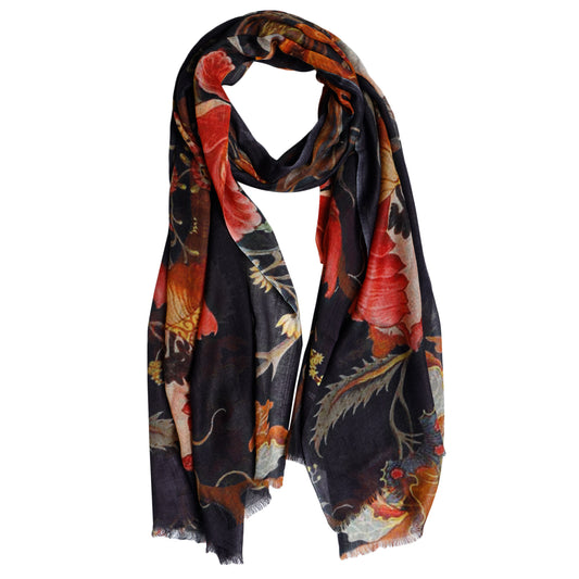 Baroque Bloom Scarf – Merino Wool Silk | Ornamental Vintage Floral Wrap on Black