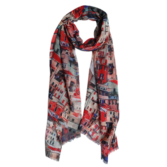 Cinque Terre Charm Scarf – Merino Wool Silk| Italian Coastal Village Print in Vibrant Red & Pastel Tones