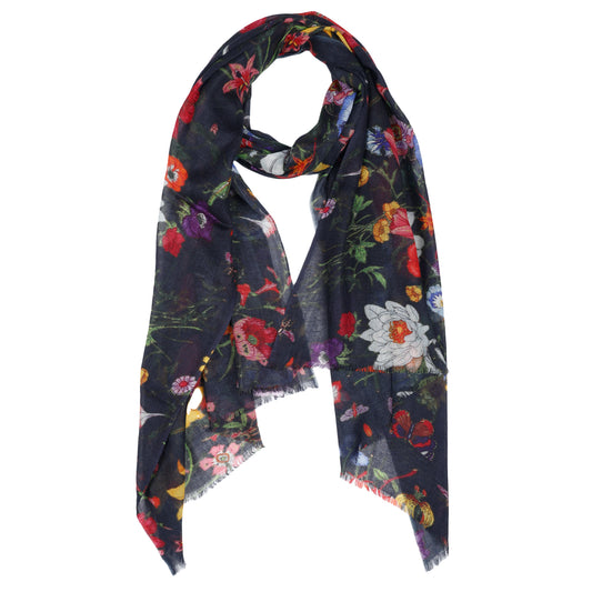 Midnight Botanical Garden Scarf – Merino Wool Silk | Multicolour Wildflower & Butterfly Wrap on Black