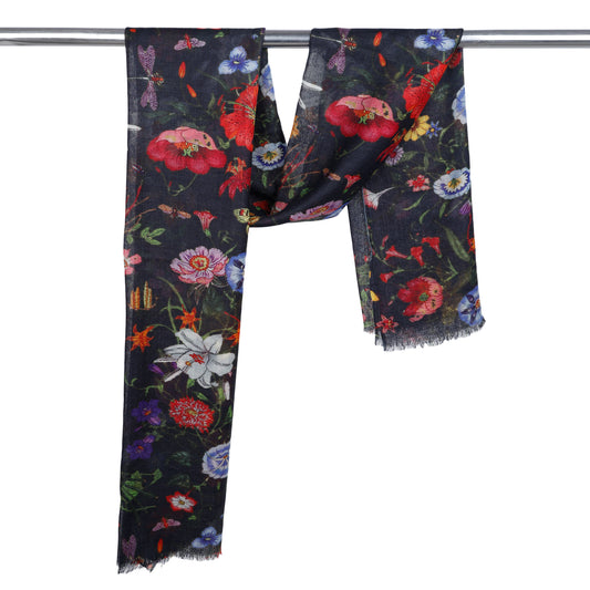 Midnight Botanical Garden Scarf – Merino Wool Silk | Multicolour Wildflower & Butterfly Wrap on Black