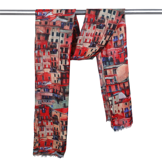 Cinque Terre Charm Scarf – Merino Wool Silk| Italian Coastal Village Print in Vibrant Red & Pastel Tones