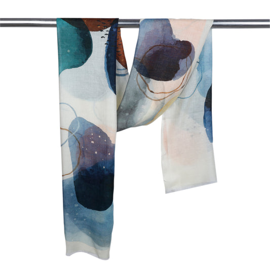 Ocean Ember Abstract Scarf – Contemporary Pure Silk Designer Wrap | Watercolor Art Print - Off White
