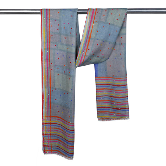 Modern Mosaic Geometry Scarf – Merino Wool Silk | Abstract Grid & Polka Dot Pattern in Bold Multicolors - Grey Base