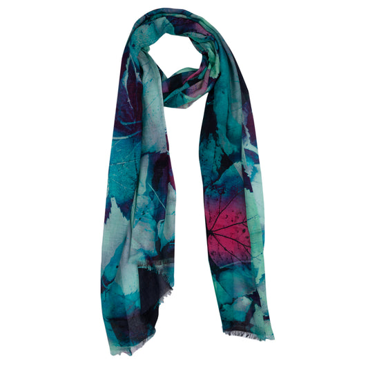 Teal & Magenta Autumn Leaf Scarf – Modal Silk Designer Wrap | Abstract Botanical Print