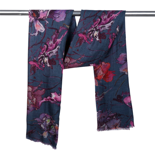 Enchanted Orchid Garden Floral Scarf – Merino Fine Wool Designer Wrap | Purple & Burgundy Botanical Print