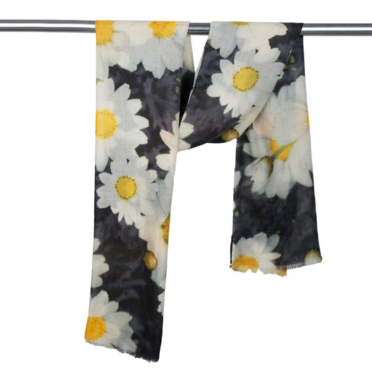 Golden Daisy Meadow Scarf – Fine Merino Wool | White Floral Botanical Print with Sunshine Yellow Accents