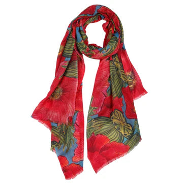 Scarlet Poppy Bloom Scarf – Merino Wool Silk | Bold Australian Botanical Wrap with Teal Blue Base