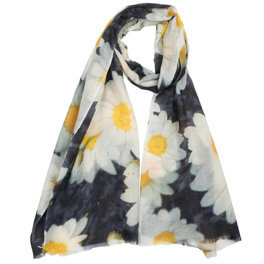 Golden Daisy Meadow Scarf – Fine Merino Wool | White Floral Botanical Print with Sunshine Yellow Accents