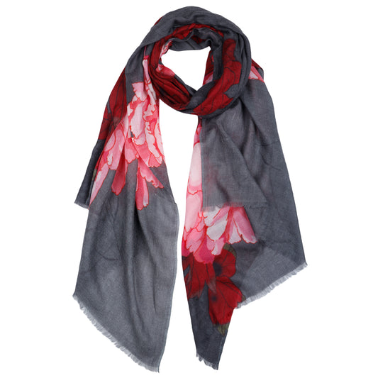 Crimson Peony Scarf – Fine Merino Wool | Statement Red & Pink Floral Wrap on Grey