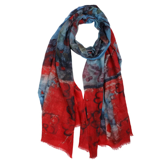 Crimson Dream Abstract Scarf – Merino Wool Silk Designer Wrap | Artistic Floral Impression Print