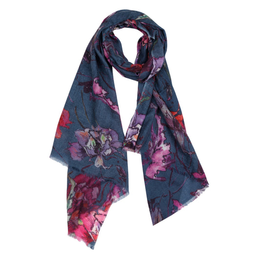 Enchanted Orchid Garden Floral Scarf – Merino Fine Wool Designer Wrap | Purple & Burgundy Botanical Print