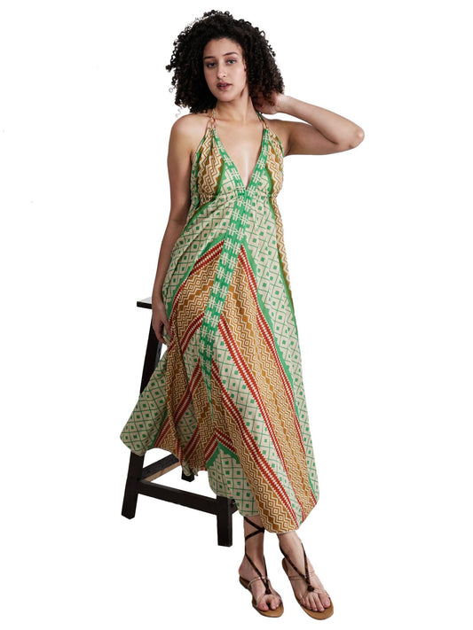 Long Knot Geometrical Screen Print Beach Dress