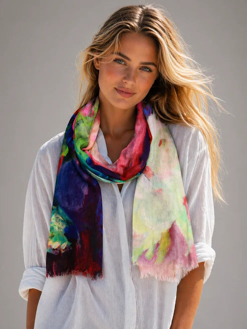 Vibrant Vase Floral Scarf – Modal Silk Designer Wrap | Artistic Bouquet Print