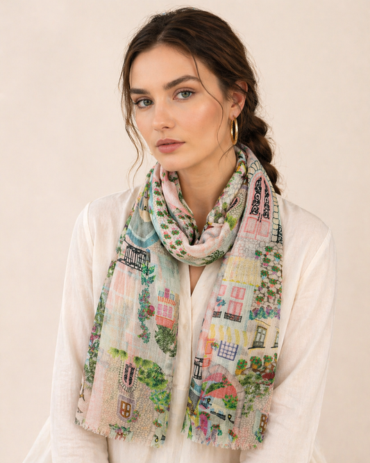 Mediterranean Village Scarf – Modal Silk Designer Wrap | Pastel Architectural Print