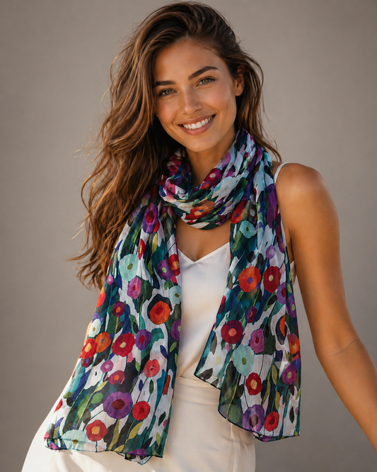 Wild Poppies Meadow Bloom Scarf – Modal Silk | Colorful Floral Wrap with Teal Blue and Crimson Accents