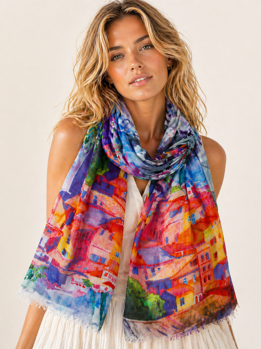 Mediterranean Village Art Scarf – Modal Silk Designer Wrap | Colorful Architectural Print