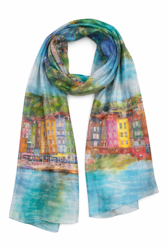 Harbour Reflections Silk Scarf – Colourful Waterfront Cityscape