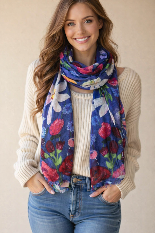 Azure Garden Bloom – Modal Silk Vibrant Floral Scarf