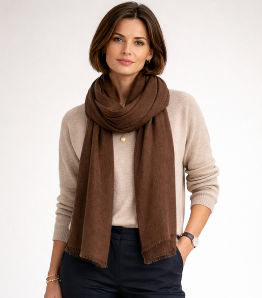 Solid Colour Merino Wool Silk Scarf - Brown