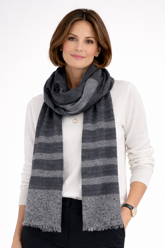 Merino Wool Stripped Border Scarf - Charcoal