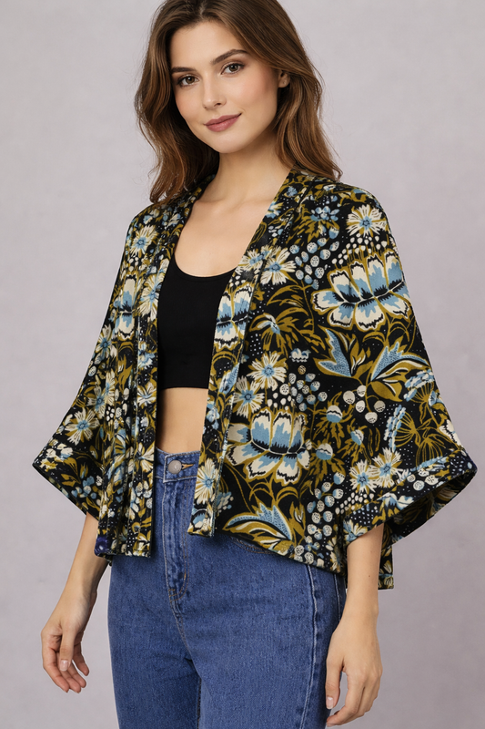 Midnight Meadow Floral Cotton Velvet Short Kimono