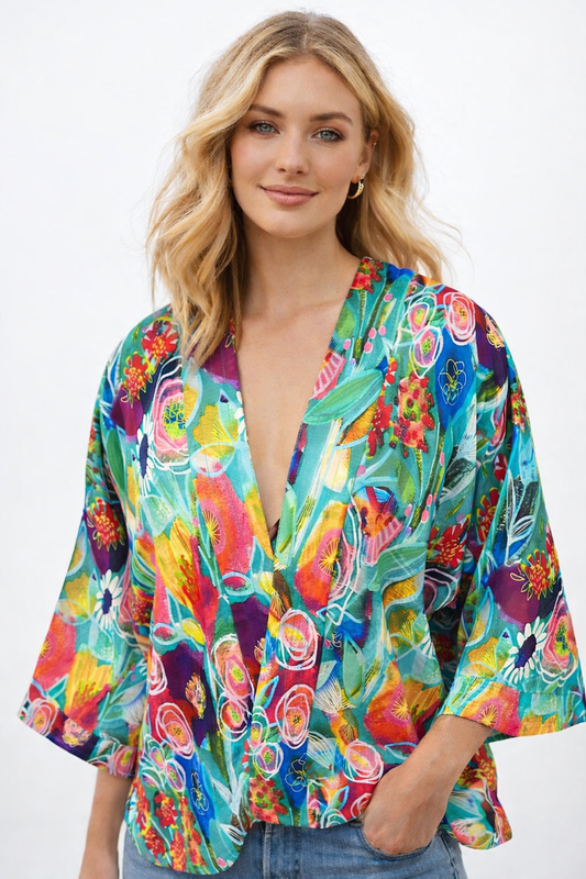 Tropical Bloom Watercolour Cotton Muslin Short Kimono