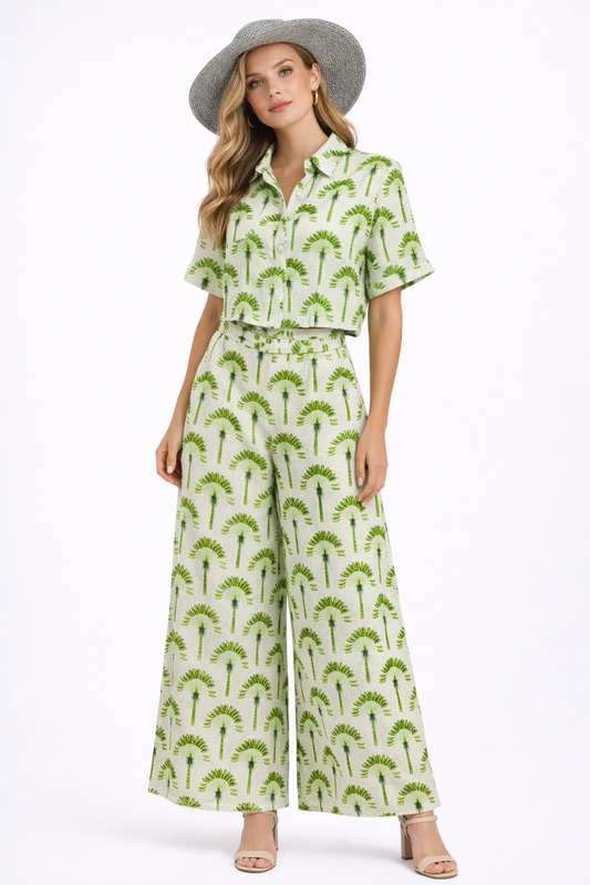 Emerald Palm Motif Viscose Net Cord Set – Fresh Botanical Co-Ord