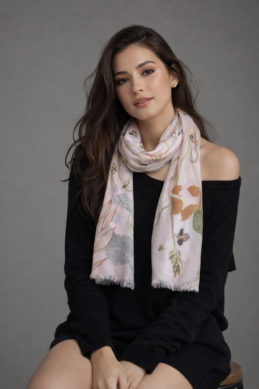 Lavender Botanical Scarf – Modal Silk Wrap | Hand-Drawn Leaves & Berries Floral Design