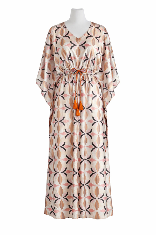 Petal Geo Modal Satin Kaftan – Elastic Waist Long Kaftan Dress