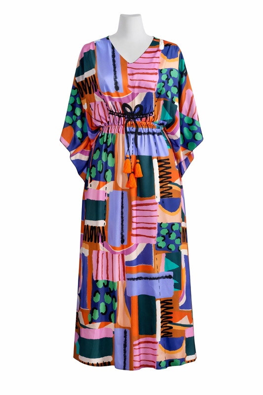 Abstract Mosaic Modal Satin Kaftan – Elastic Waist Long Kaftan Dress