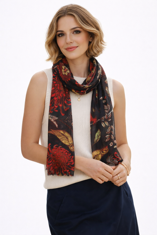 Midnight Botanica Bird Fine Wool Scarf – Hand-Drawn Floral & Avian Art Print