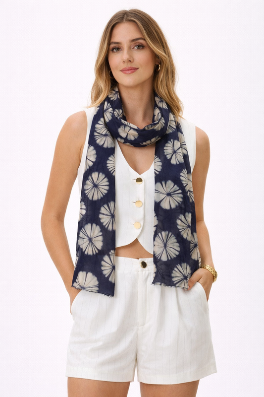 Indigo Shibori Japanese Abstract Scarf – Cotton Modal Designer Wrap | Japanese Artistic Print
