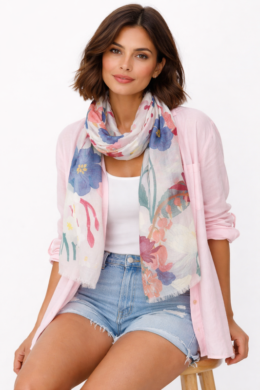 Botanical Symphony Scarf – Merino Wool Silk Wrap | Multicolor Garden Blooms on Soft Blush