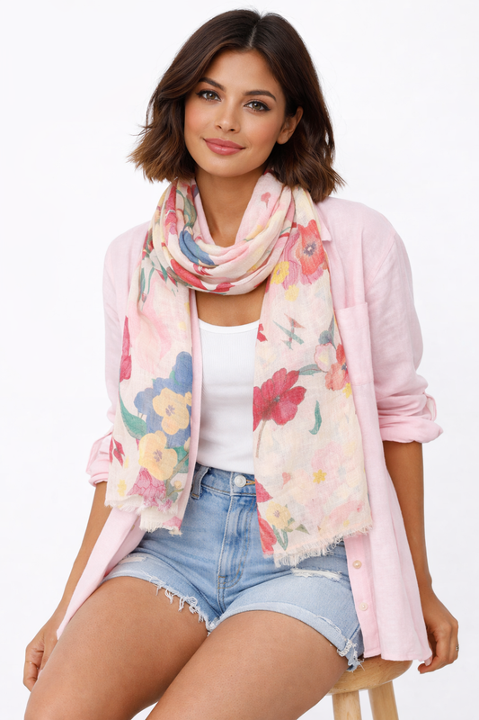 Botanical Symphony Scarf – Pure Linen Wrap | Multicolor Garden Blooms on Soft Blush