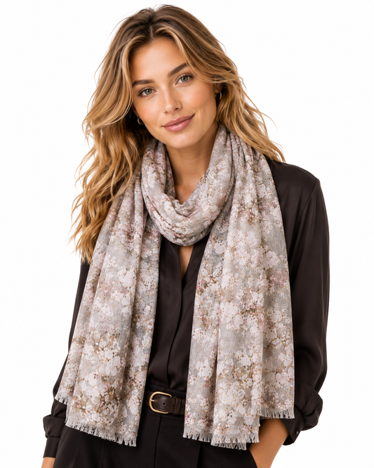 Ivory Whisper Bloom – Merino Wool Scarf