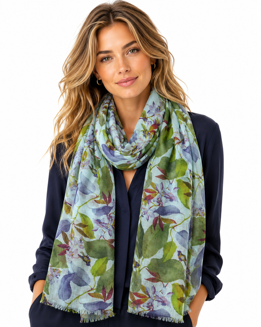 Bluebird Garden Whisper – Fine Merino Botanical Scarf