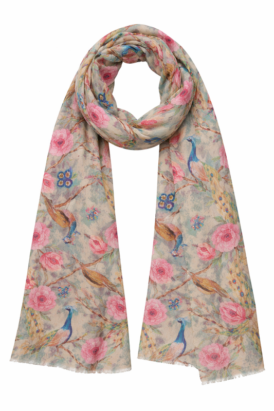 Garden Bird Print Merino Wool Designer Scarf