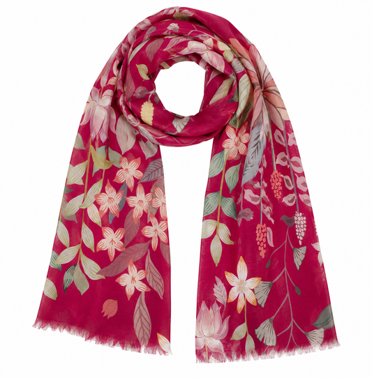 Scarlet Garden Botanical Scarf – Modal Silk Designer Wrap | Floral Vine Print on Red