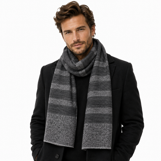 Charcoal Striped Jacquard Merino Wool Scarf – Unisex Designer Scarf