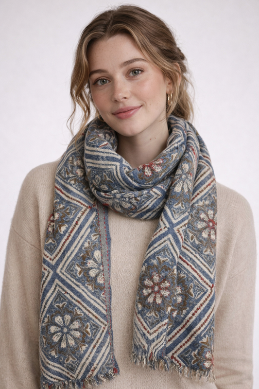 Heritage Diamond Floral Textured Woven Merino Silk Scarf
