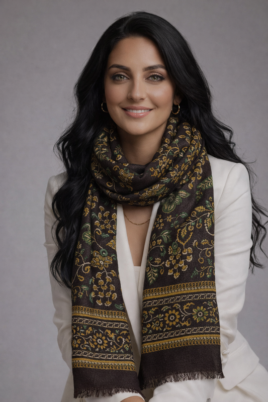 Autumn Vineyard Floral Textured Woven Merino Silk Scarf