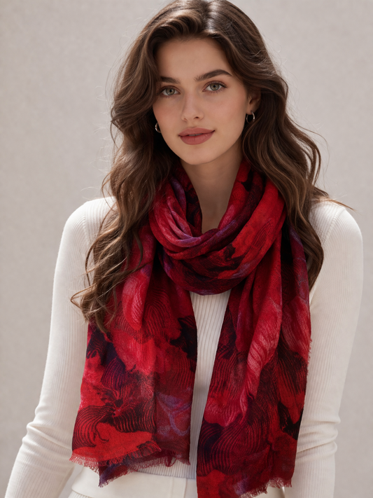 Ruby Peony Mirage – Merino Wool Romantic Floral Scarf