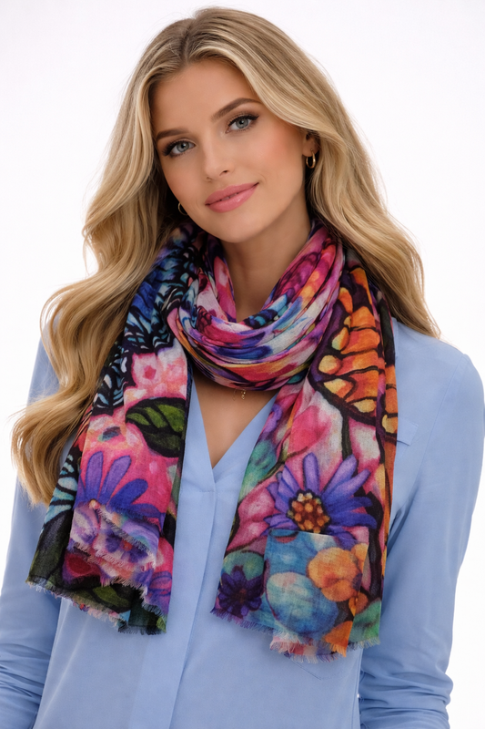 Butterfly Bloom Garden – Merino Wool Winter Scarf