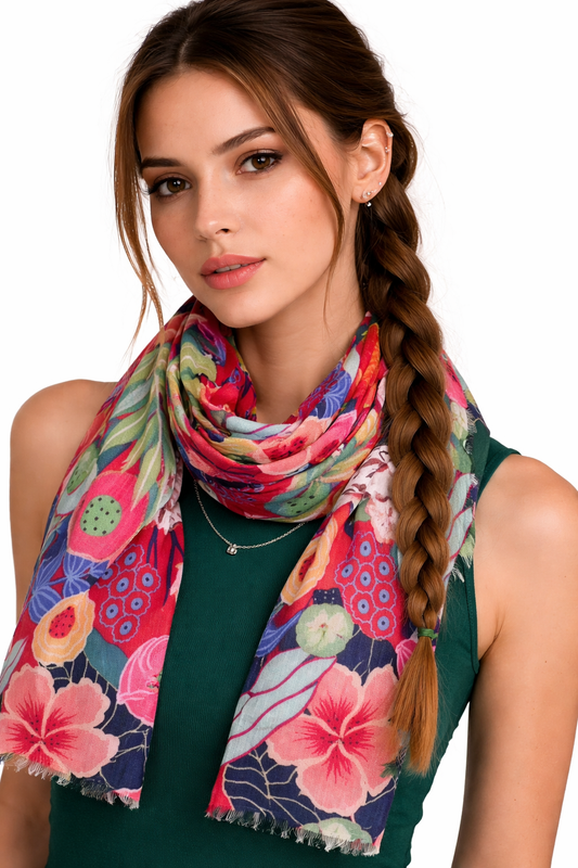 Tropical Bloom Fiesta – Merino Wool Vibrant Botanical Scarf