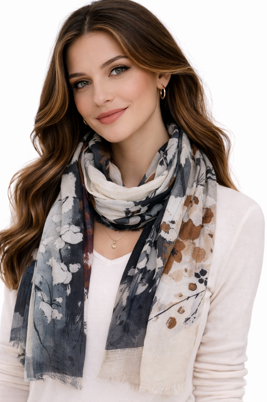 Monochrome Bloom Fusion – Modal Silk Modern Floral Scarf