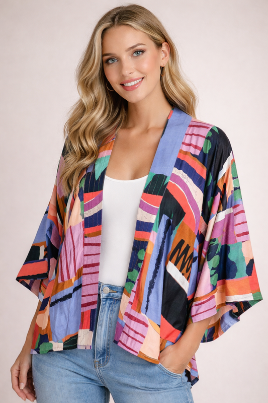 Electric Patchwork Short Kimono – Abstract Colour Block Cotton Muslin Jacket