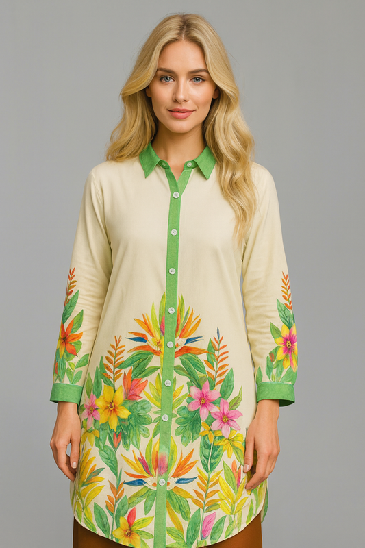 Tropical Print Mid-Length Shirt Dress.