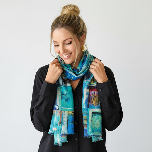 Blue Door Architectural Art Scarf –Fine Merino Wool Designer Wrap | Moroccan Abstract Print