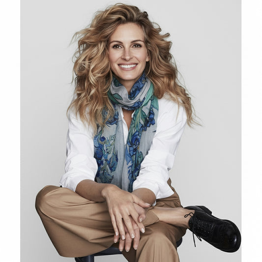 Van Gogh Irises Floral Scarf – Pure Silk Designer Wrap | Blue Botanical Art Print