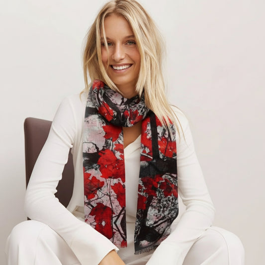 Crimson Maple Abstract Scarf – Modal Silk Designer Wrap | Autumn Tree